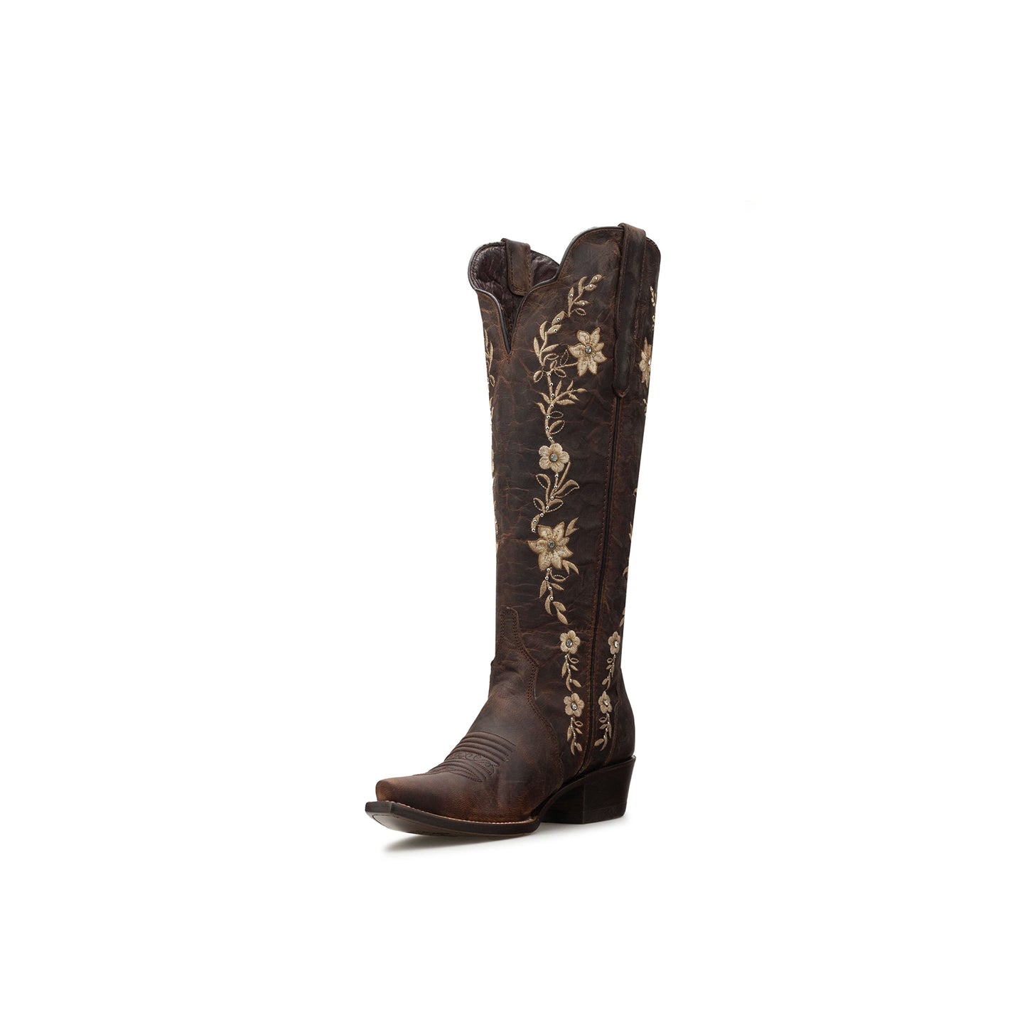 Distressed Coffee Snip-Toe Flower Embroidery Rhinestone Studs Wide Calf Knee High Cowgirl Boots