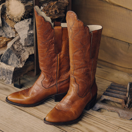 Cognac Round-Toe Classic Embroidery Mid Calf Cowgirl Boots For Women