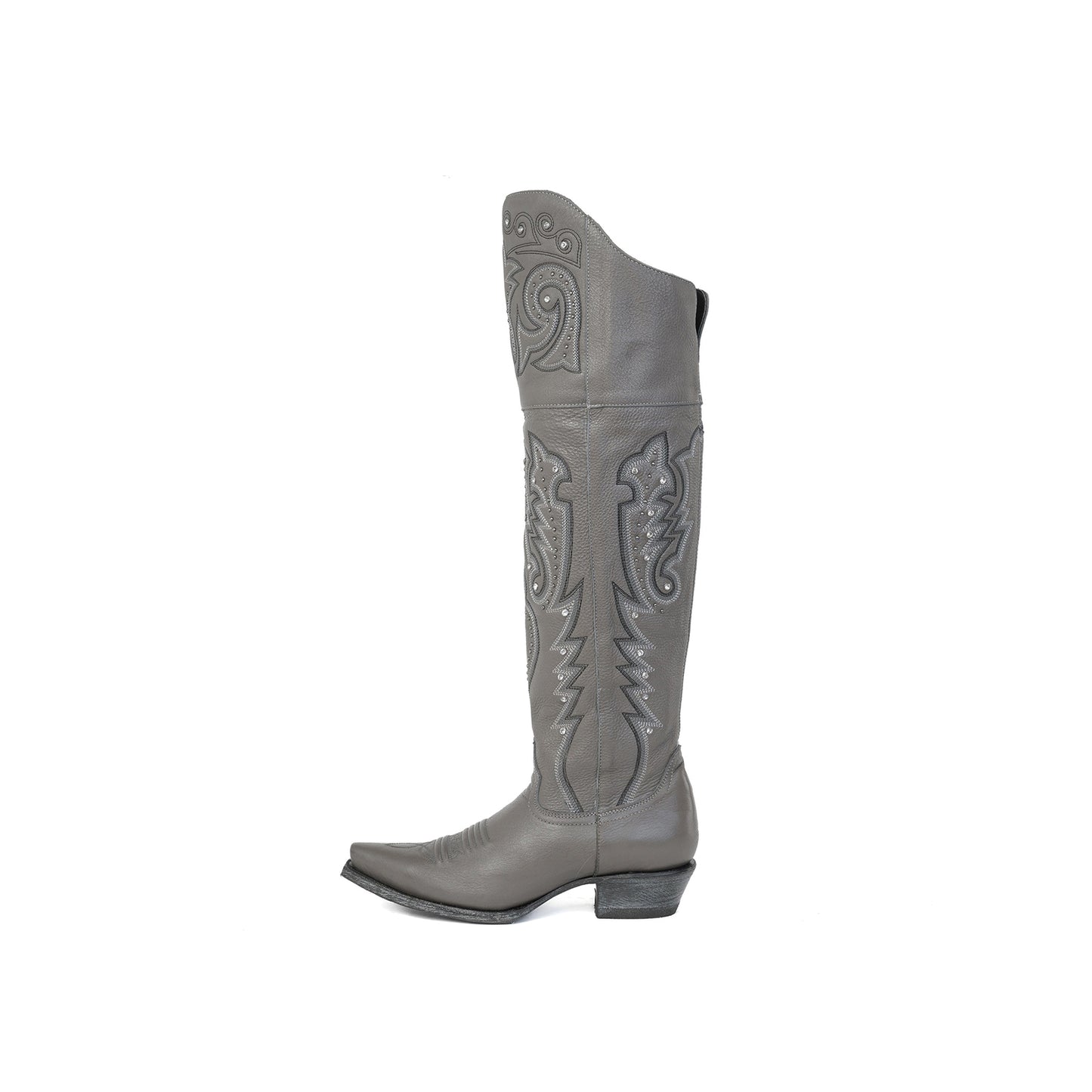Gray Snip-Toe Embroidery Rhinestone Studs Half-Zip Knee High Cowgirl Boots