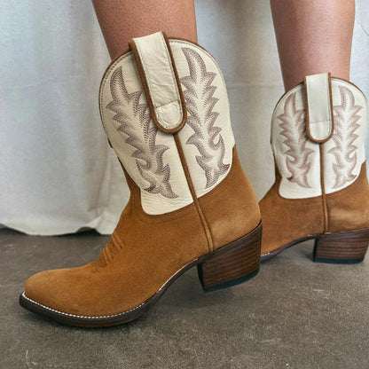 Contrast White And Brown Faux Suede Almond-Toe Embroidery Ankle Cowgirl Boots