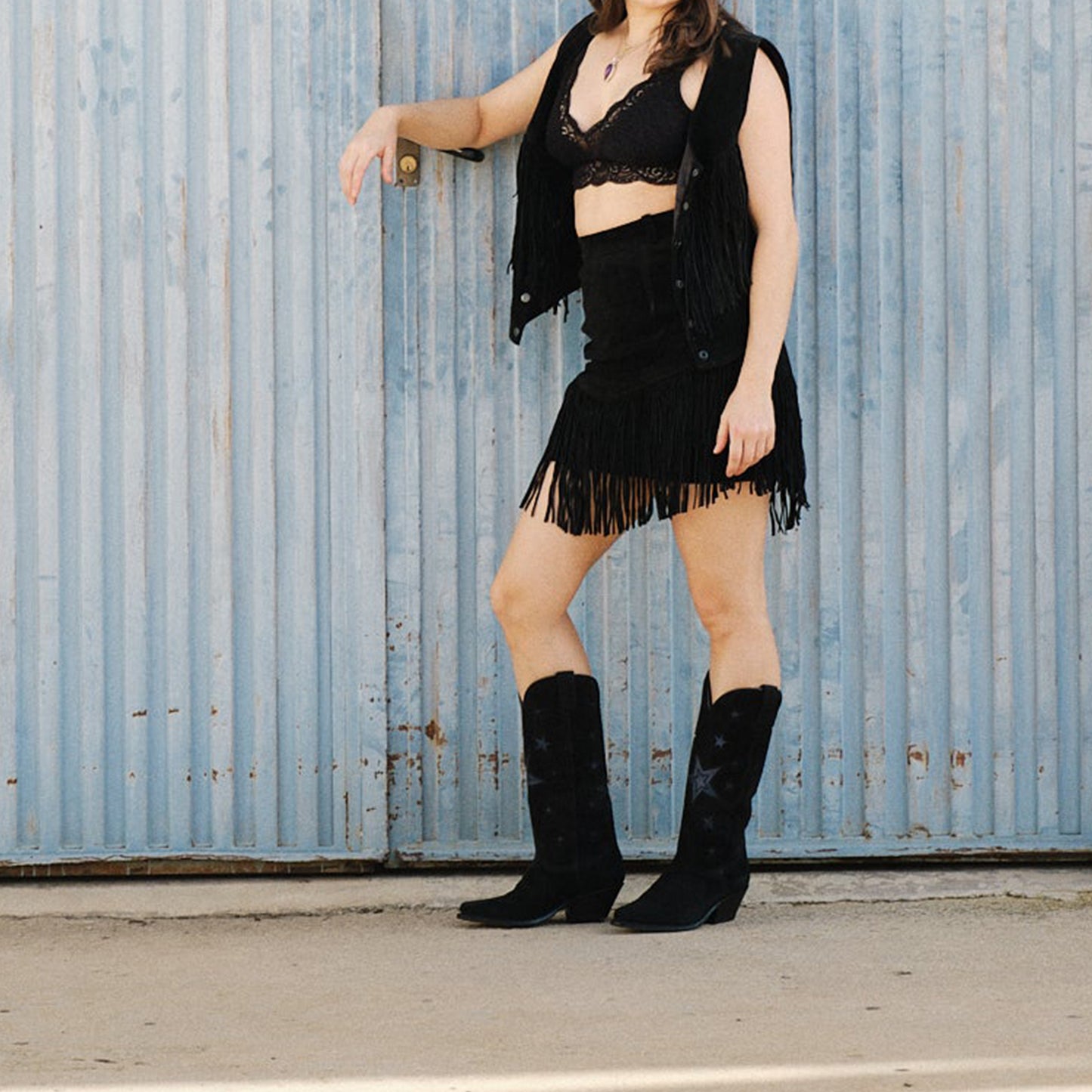 Black Faux Suede Snip-Toe Chic Stars Inlay Mid Calf Cowgirl Boots