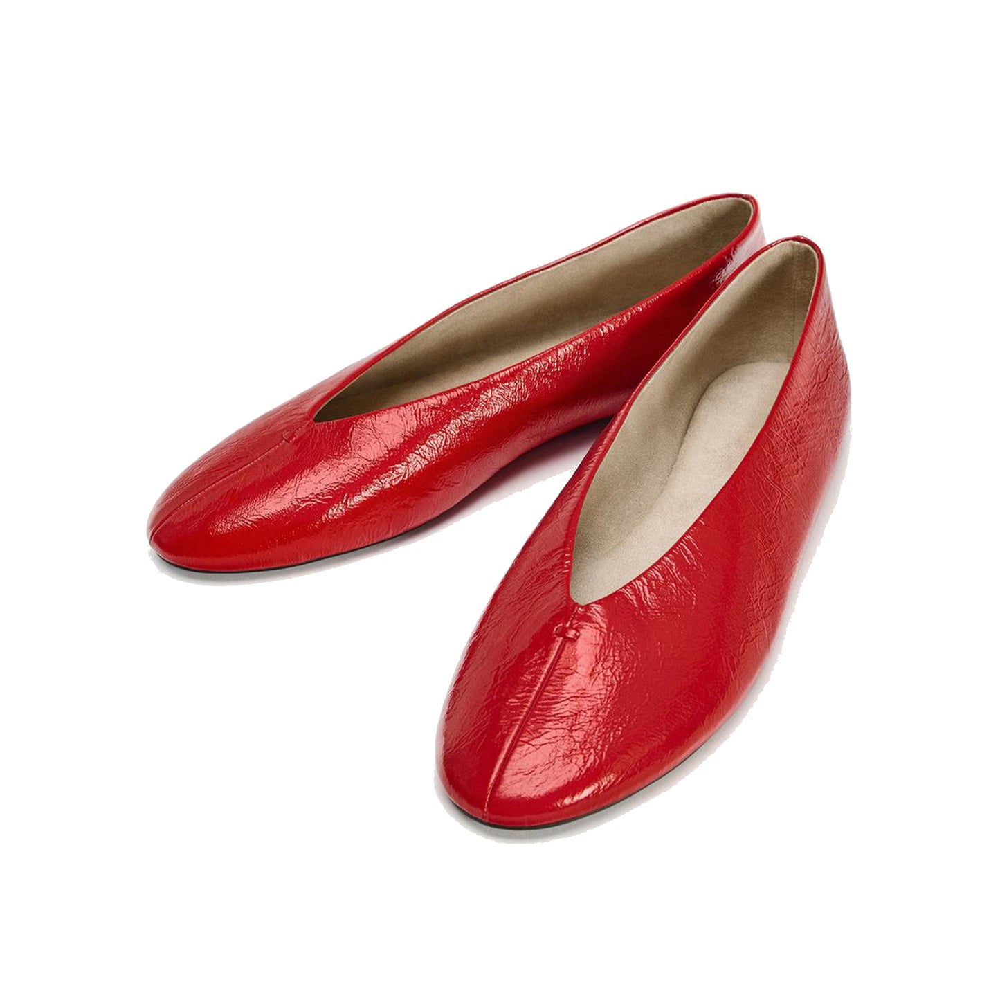 Patent Red Round-Toe V-Neckline Ballet Flats