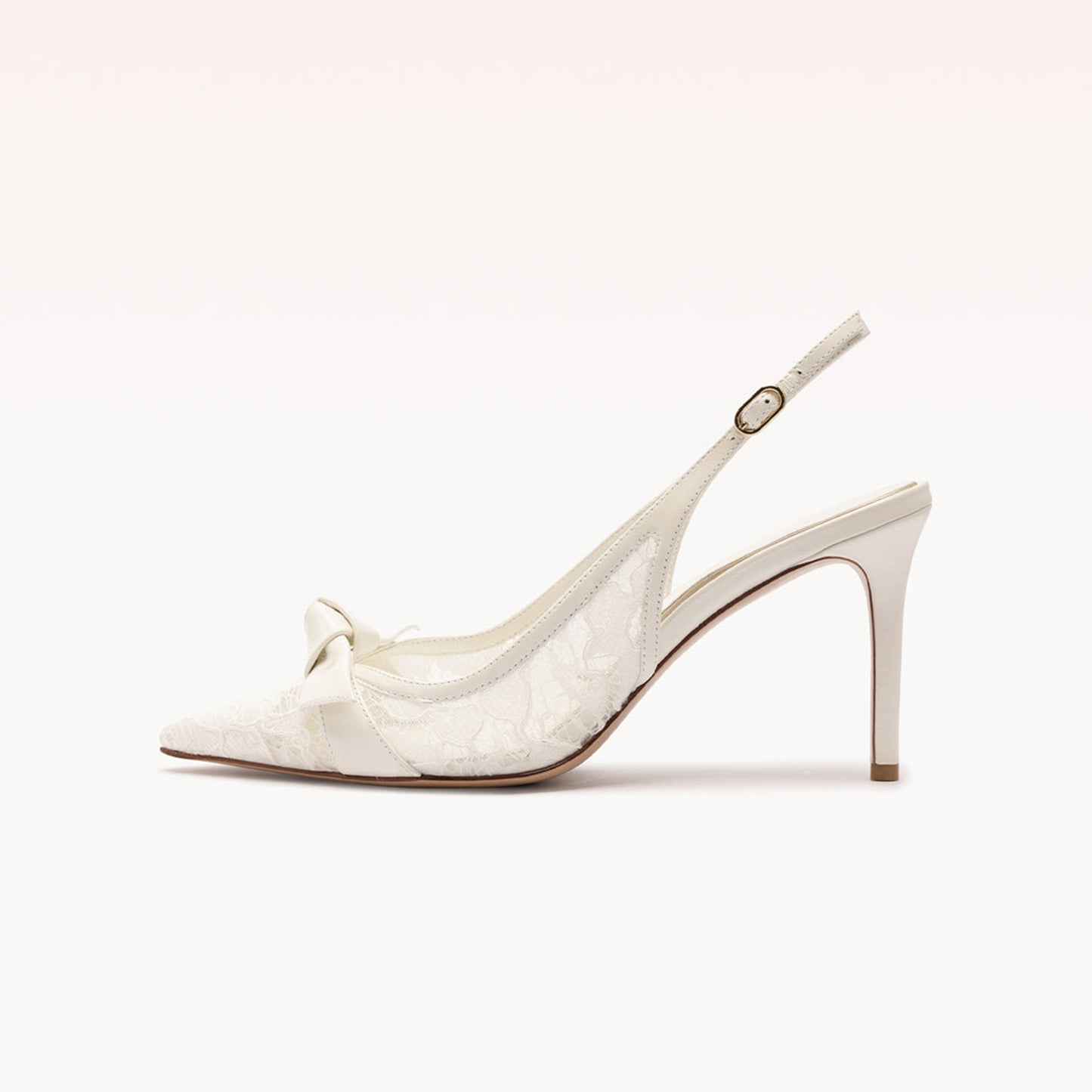 White Lace Mesh Pointed-Toe Front Knot Slingback Kitten Heels