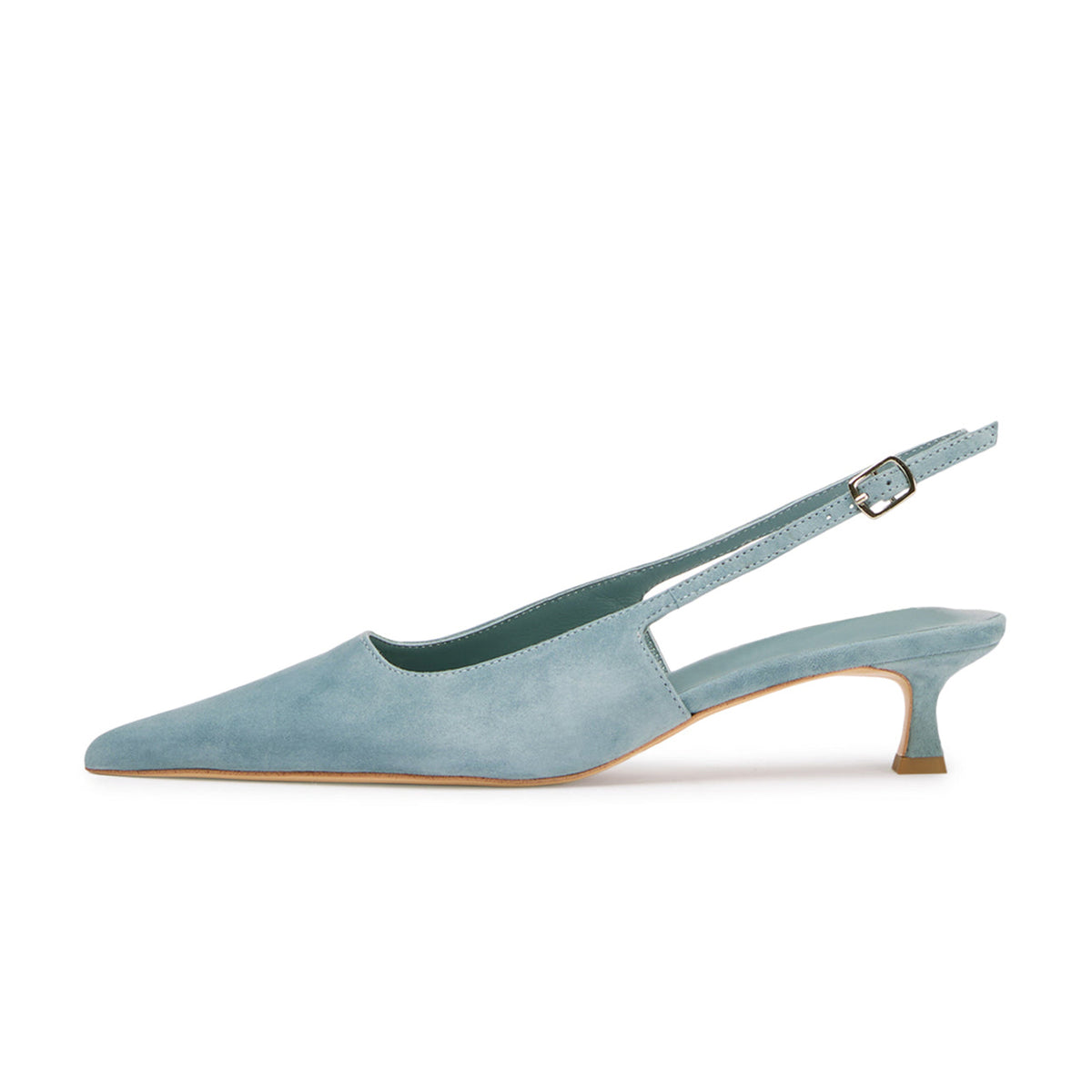 Chic Pointed-Toe Buckle Slingback Kitten Heels - Blue Faux Suede