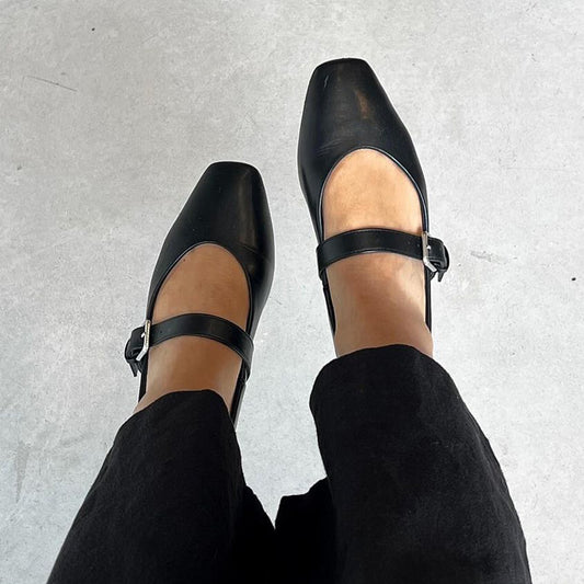 Black Square-Toe Buckle Mary Jane Ballet Flats