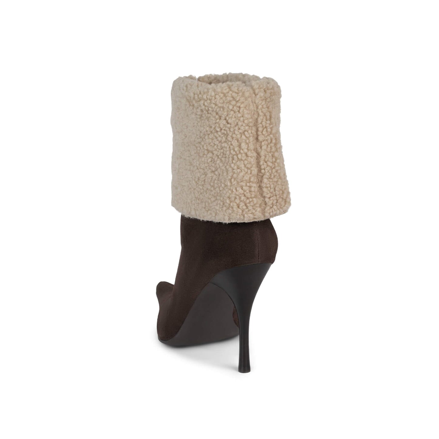 Brown Faux Suede And Plush Pointed-Toe Full-Zip Ankle Stiletto Boots