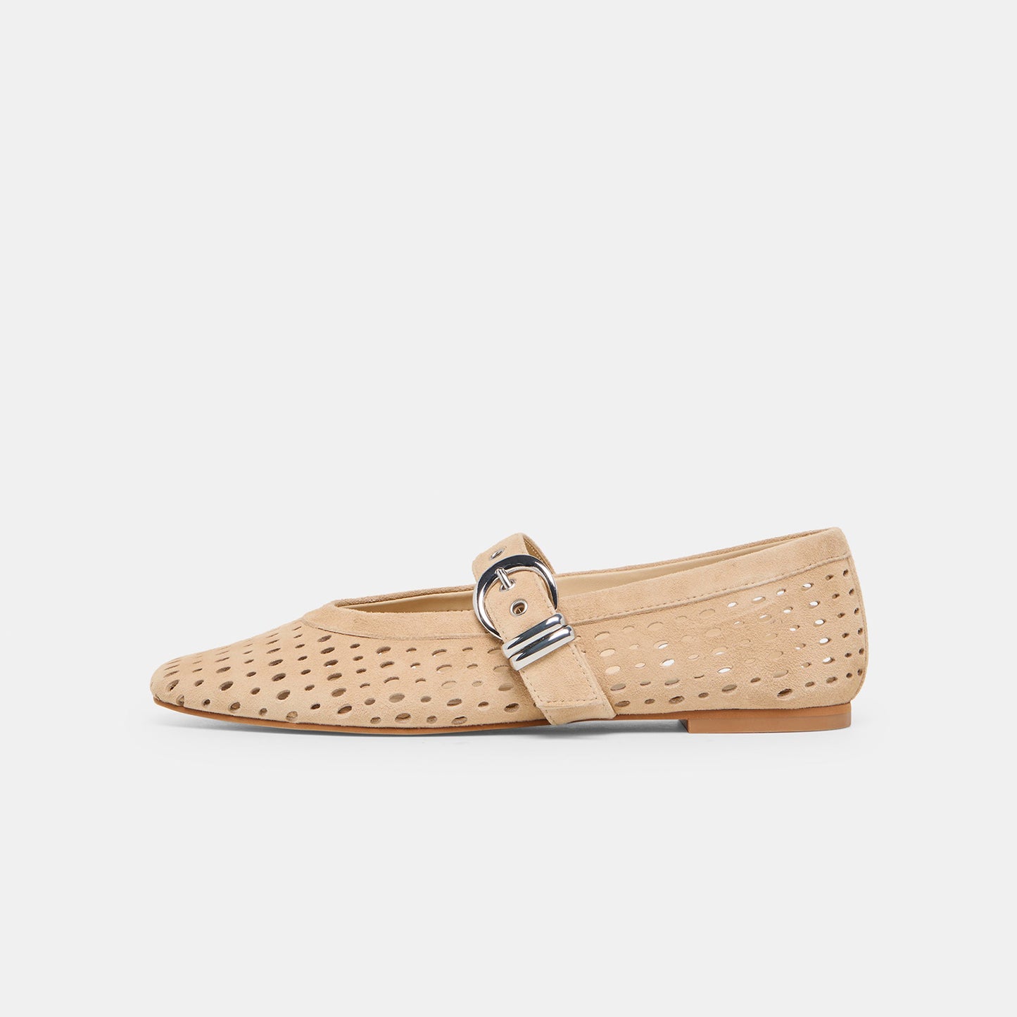 Camel Perforated Faux Suede Square-Toe Mary Janes Ballet Flats