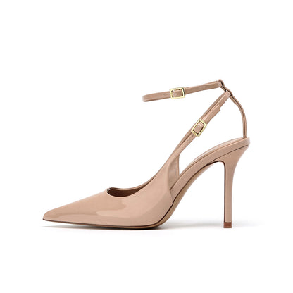 Patent Beige Pointed-Toe Ankle Strap Slingback High Heels