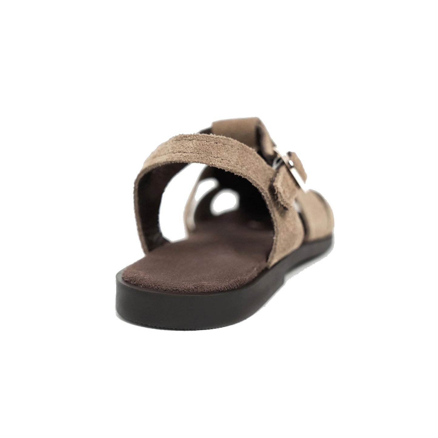 Taupe Cow Suede Round-Toe Caged Detail Buckle Sandals Flats