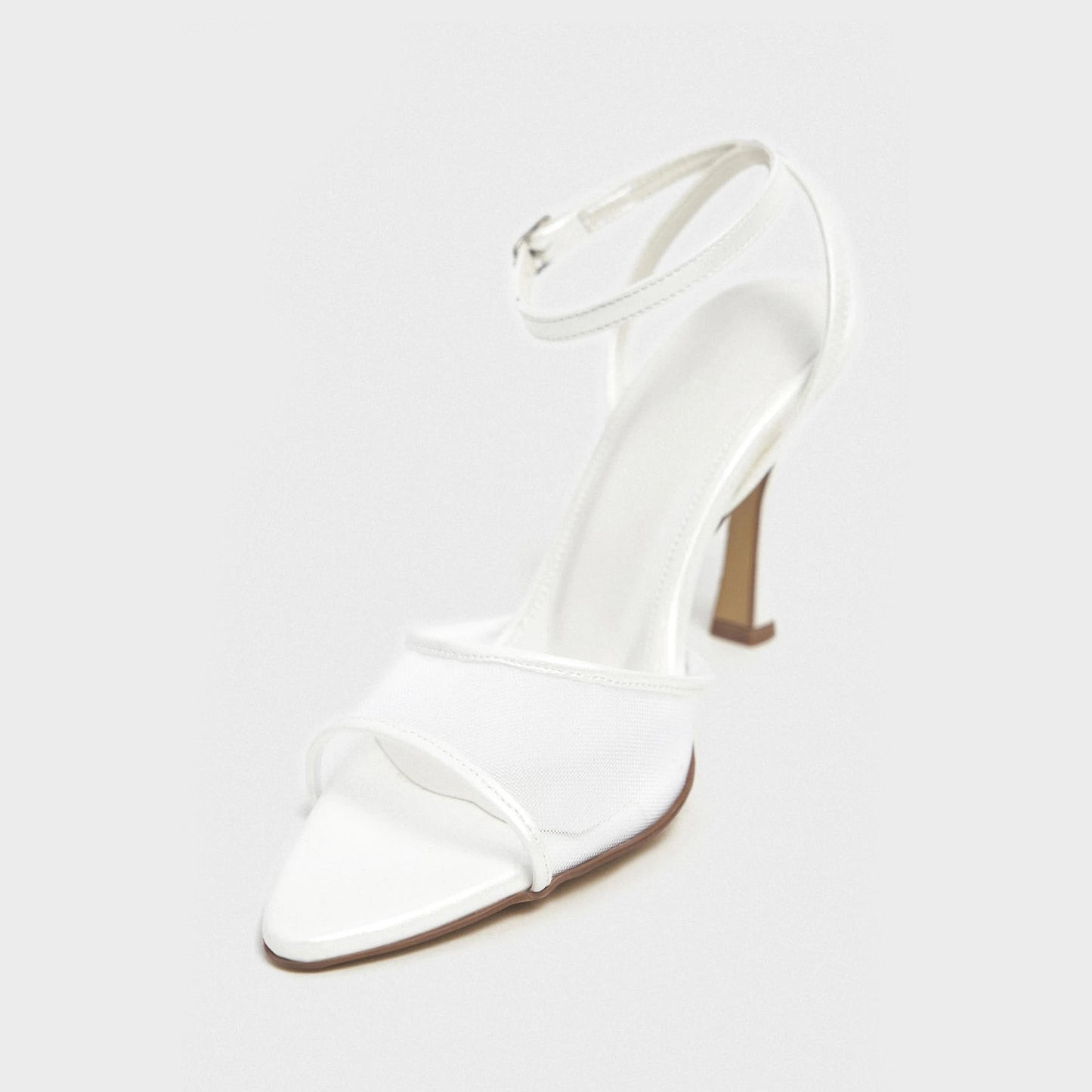 White Mesh And Satin Pointed-Toe Slingback Ankle Strap Pumps High Heels