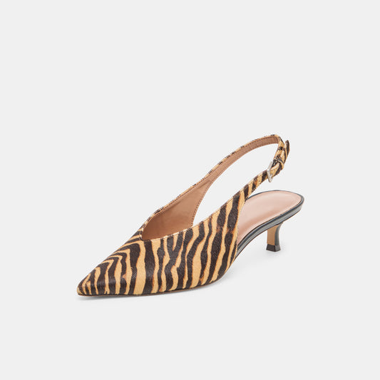 Zebra Pony Hair Print Classic Pointed-Toe Slip-On Slingback Kitten Heels