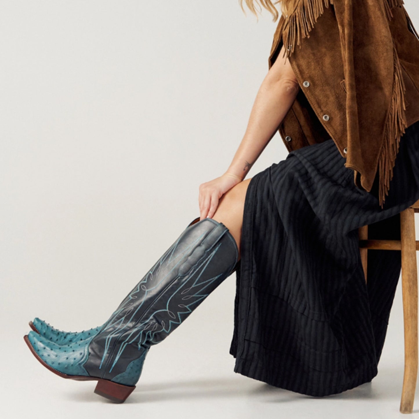 Azure Contrast Vegan Leather And Ostrich Print Snip-Toe Embroidery Wide Calf Knee High Cowgirl Boots