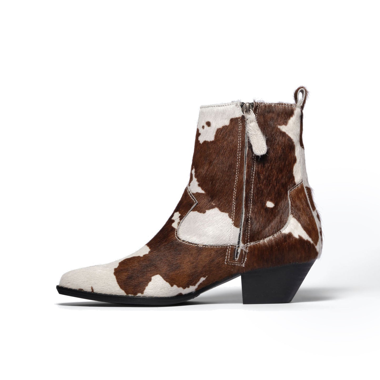 Cow Print Pony Hair Vegan Leather Pointed-Toe Full-Zip Ankle Cowgirl Boots