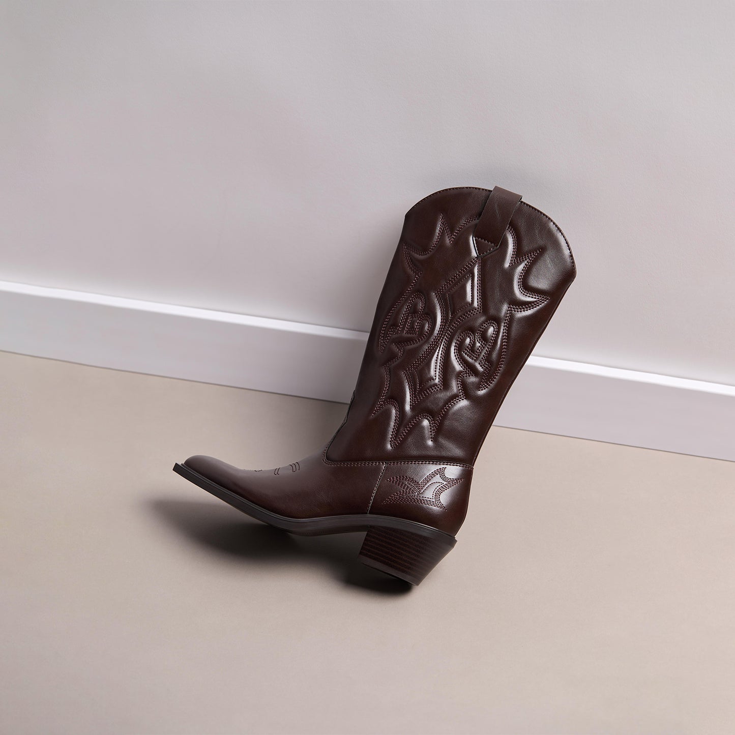 Brown Almond-Toe Chic Stitch Mid Calf Classic Cowgirl Boots