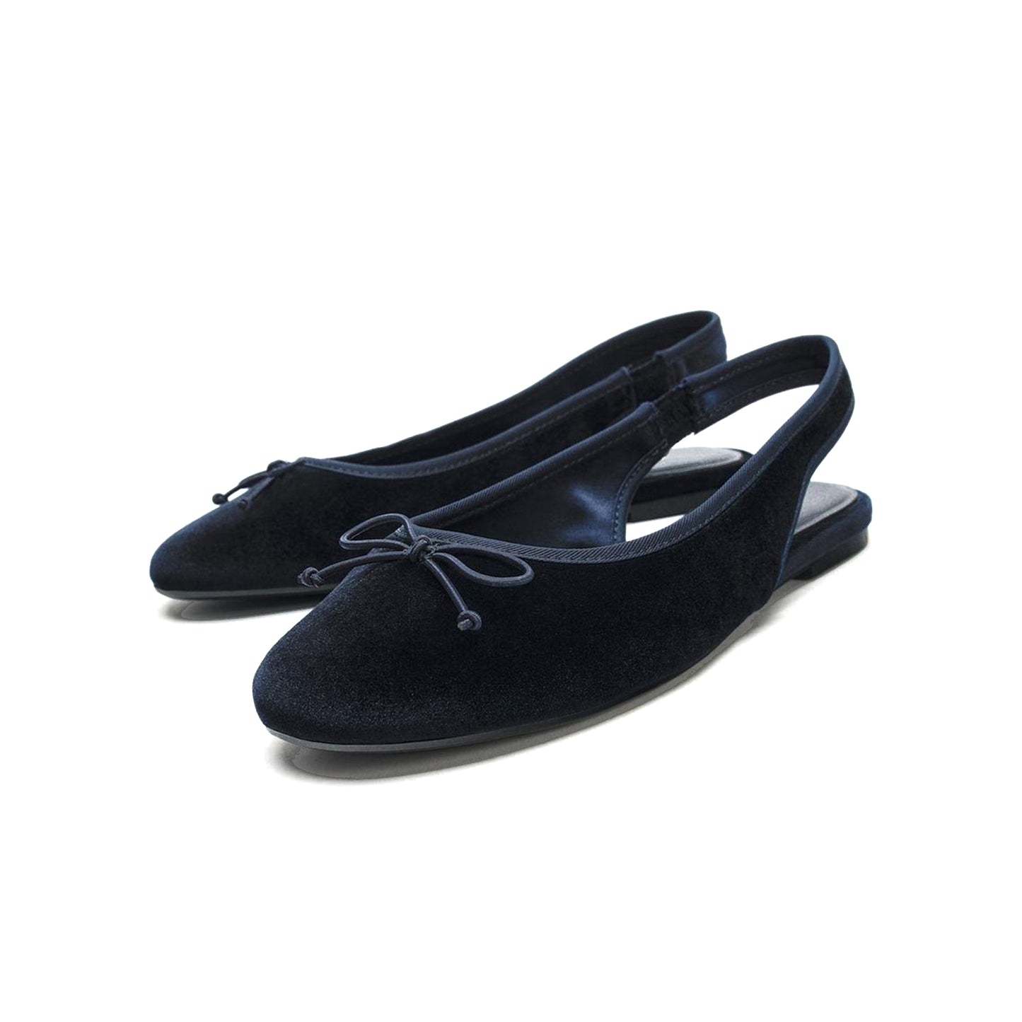Dark Blue Velvet Round-Toe Front Bow Slingback Flats