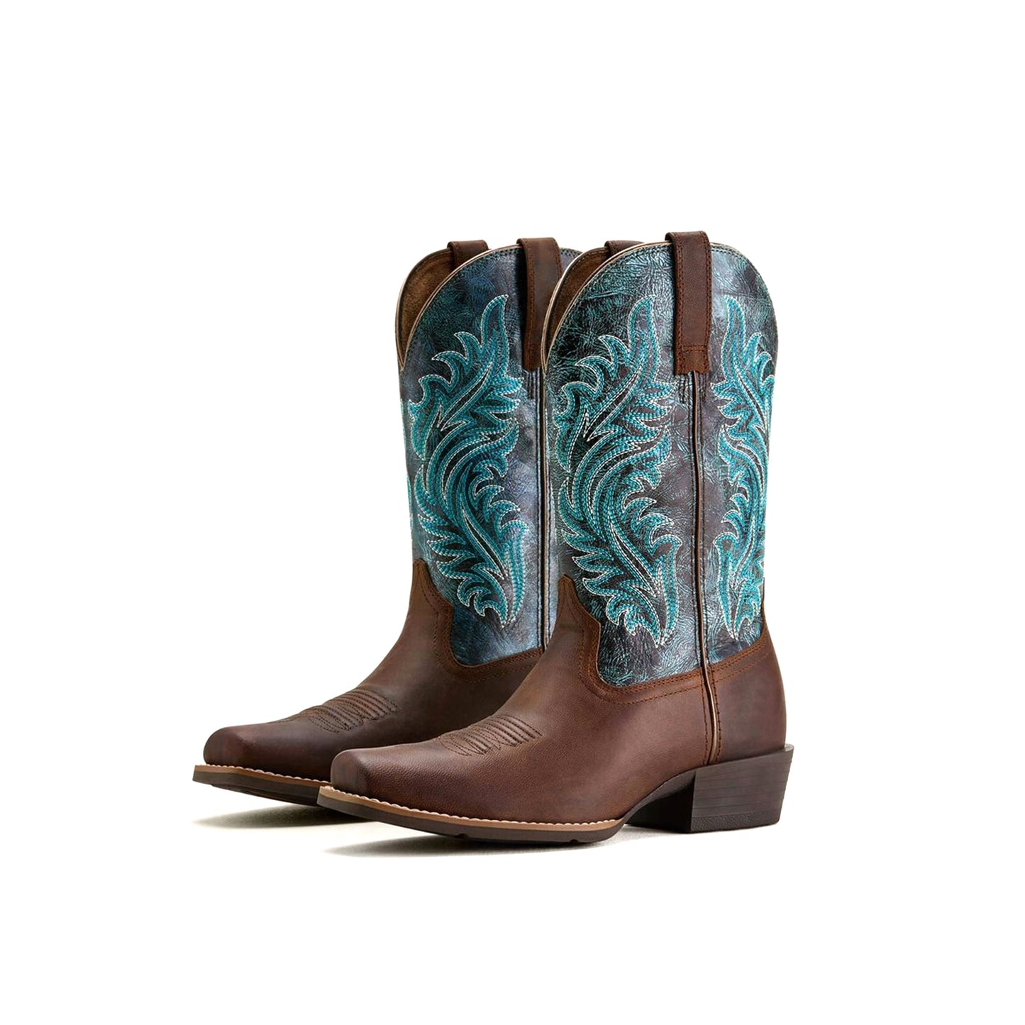 Contrast Brown And Navy Square-Toe Classic Embroidery Mid Calf Cowgirl Boots