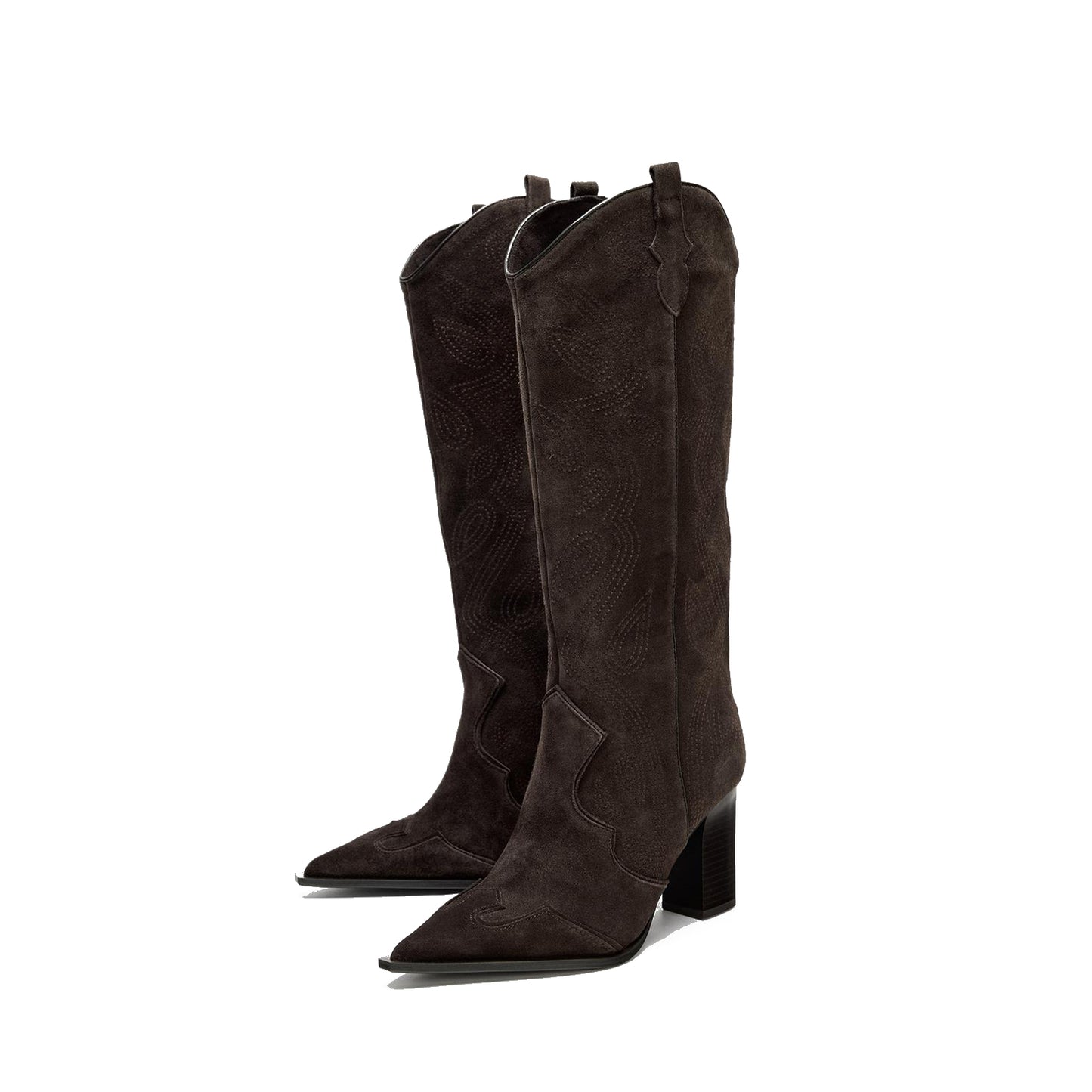 Brown Faux Suede Pointed-Toe Chic Stitch Wide Calf Knee High Cowgirl Boots