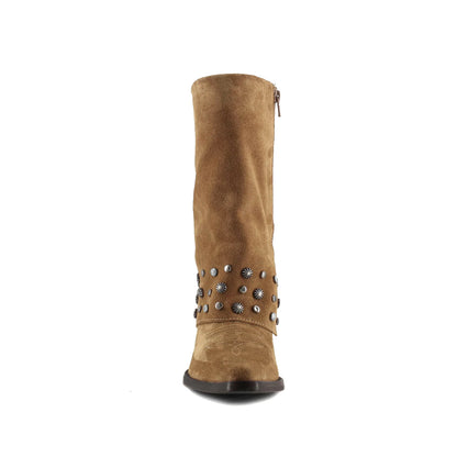 Brown Faux Suede Snip-Toe Studded Fold-Over Full-Zip Mid Calf Cowgirl Boots