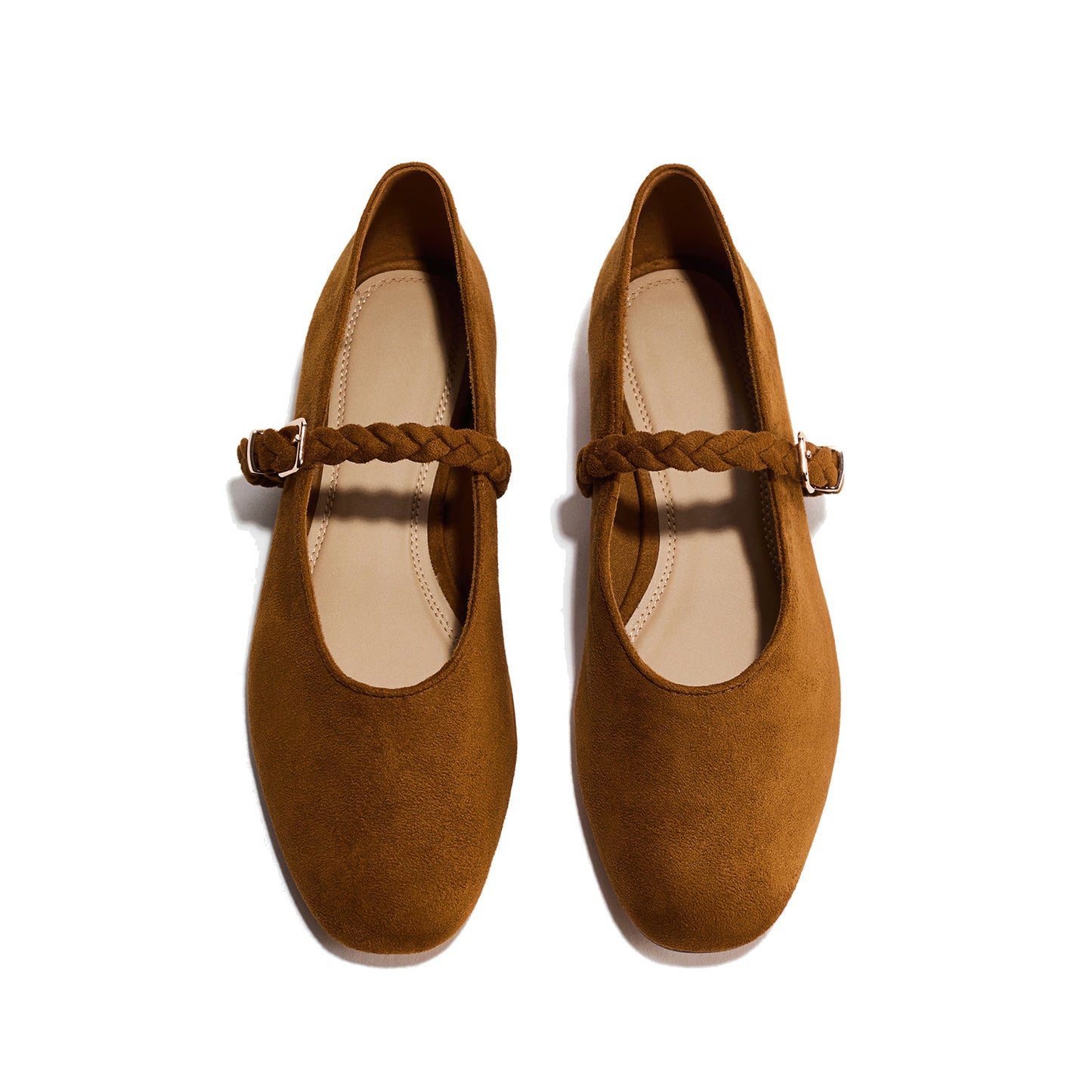 Coffee Faux Suede Square-Toe Delicate Buckle Mary Jane Ballet Flats