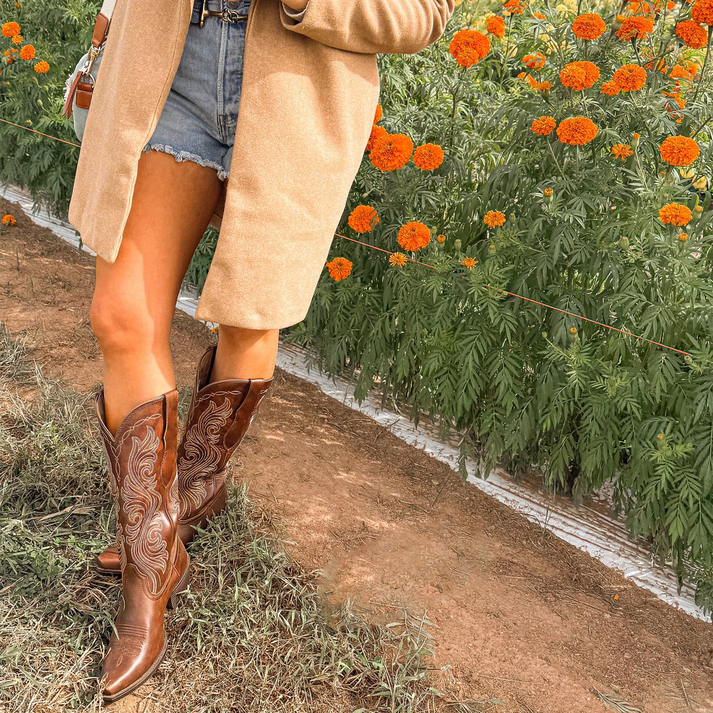 Brown Snip-Toe Classic Embroidery Wide Calf Knee High Cowgirl Boots For Women