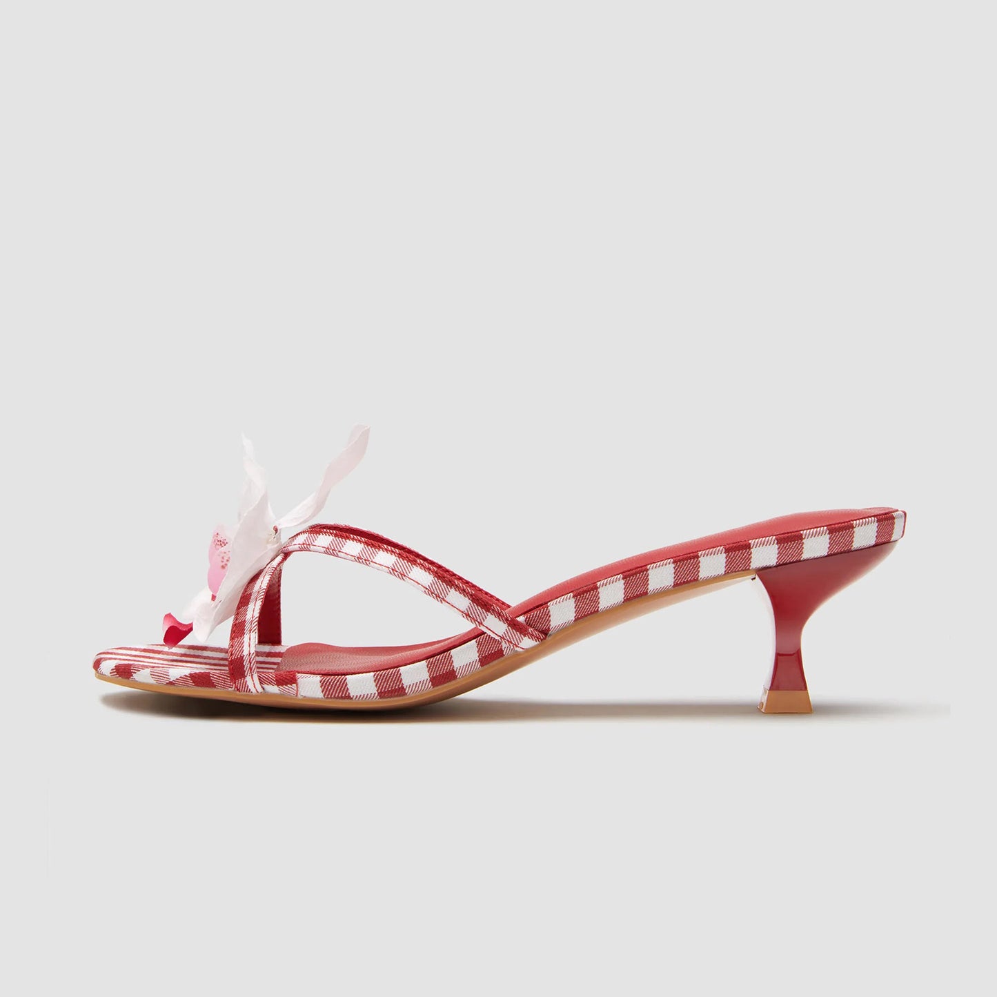 Red Plaid Cloth Square-Toe Front White Flower Backless Kitten Heels