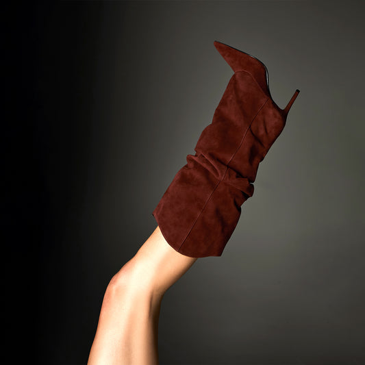 Red Brown Faux Suede Pointed-Toe Slouch Wide Calf Knee High Stiletto Boots