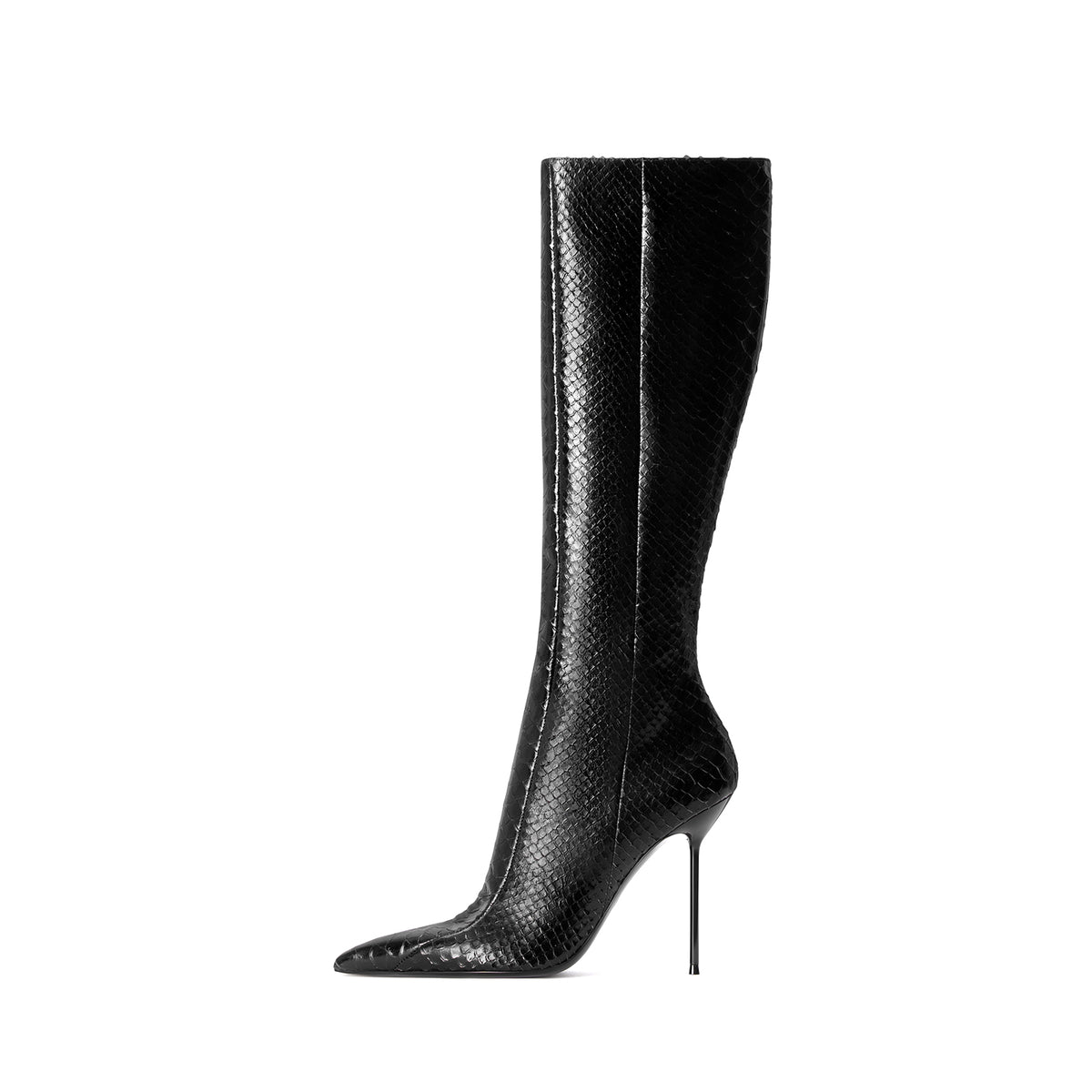 Black Snakeskin Pattern Chic Pointed-Toe Simple Full-Zip Knee High Stiletto Boots