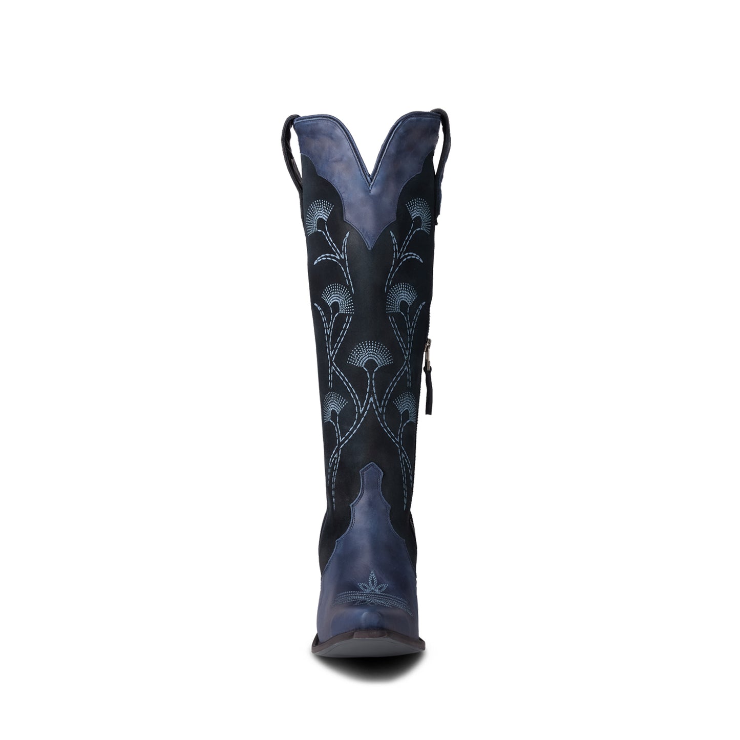 Navy Contrast Faux Suede And Vegan Leather Snip-Toe Floral Embroidery Half-Zip Knee High Cowgirl Boots
