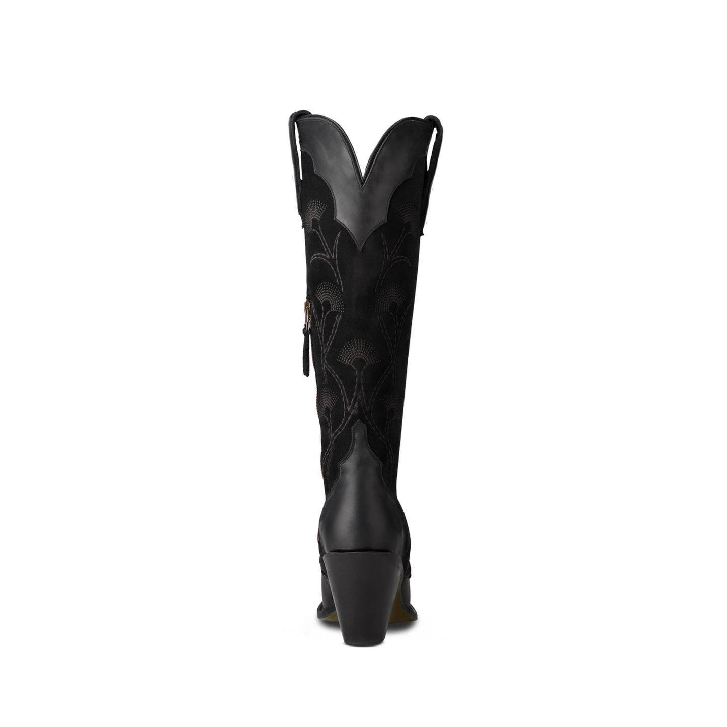 Black Contrast Faux Suede And Vegan Leather Snip-Toe Floral Embroidery Half-Zip Knee High Cowgirl Boots