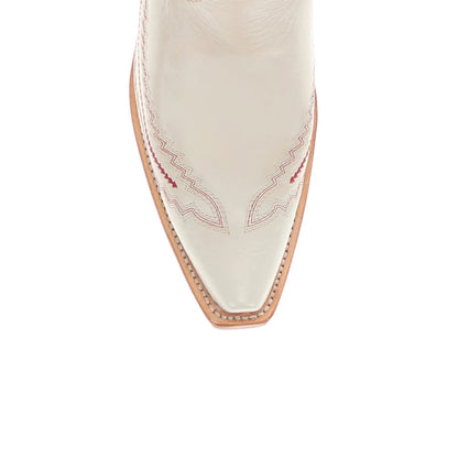 Beige Snip-Toe Stitch And Embroidery Wide Calf Knee High Cowgirl Boots