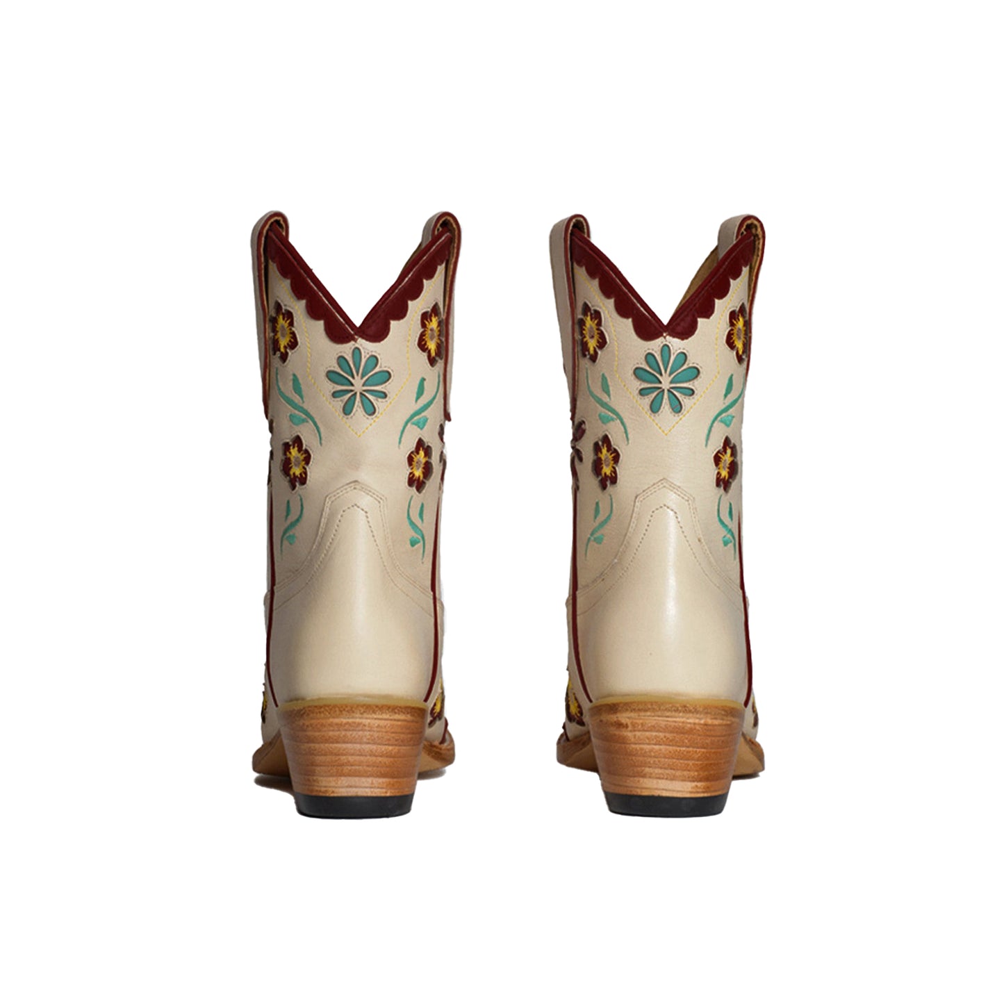 Cream Snip-Toe Flowers Inlay Stamen Embroidery Ankle Cowgirl Boots