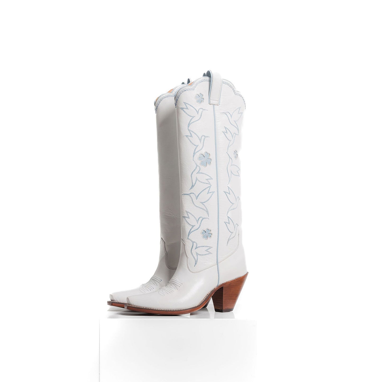 White Snip-Toe Birds Embroidery Flowers Inlay Wide Calf Knee High Cowgirl Boots