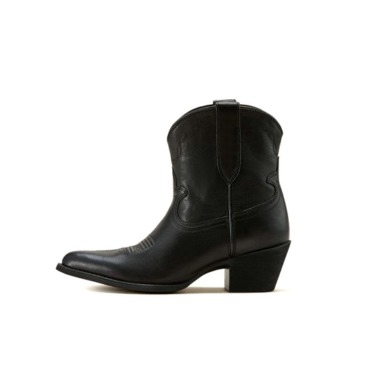 Black Almond-Toe Stitch Ankle Cowgirl Boots