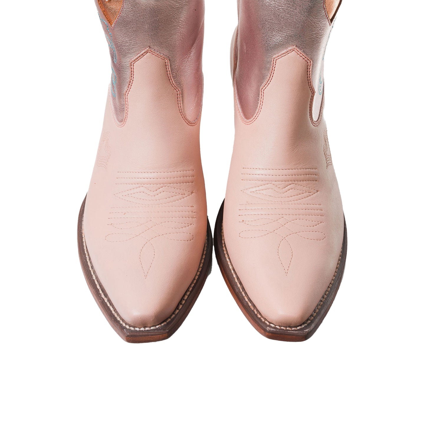 Contrast Silver and Pink Snip-Toe Embroidery Hearts Inlay Ankle Cowgirl Boots