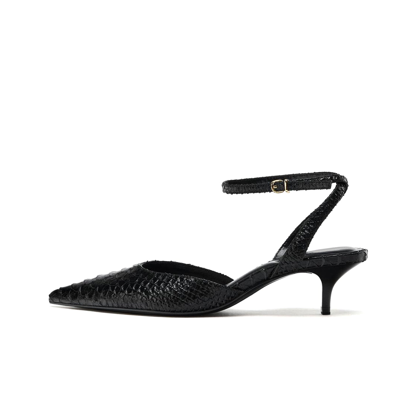 Black Snakeskin Print Pointed-Toe Ankle Strap Kitten Heels