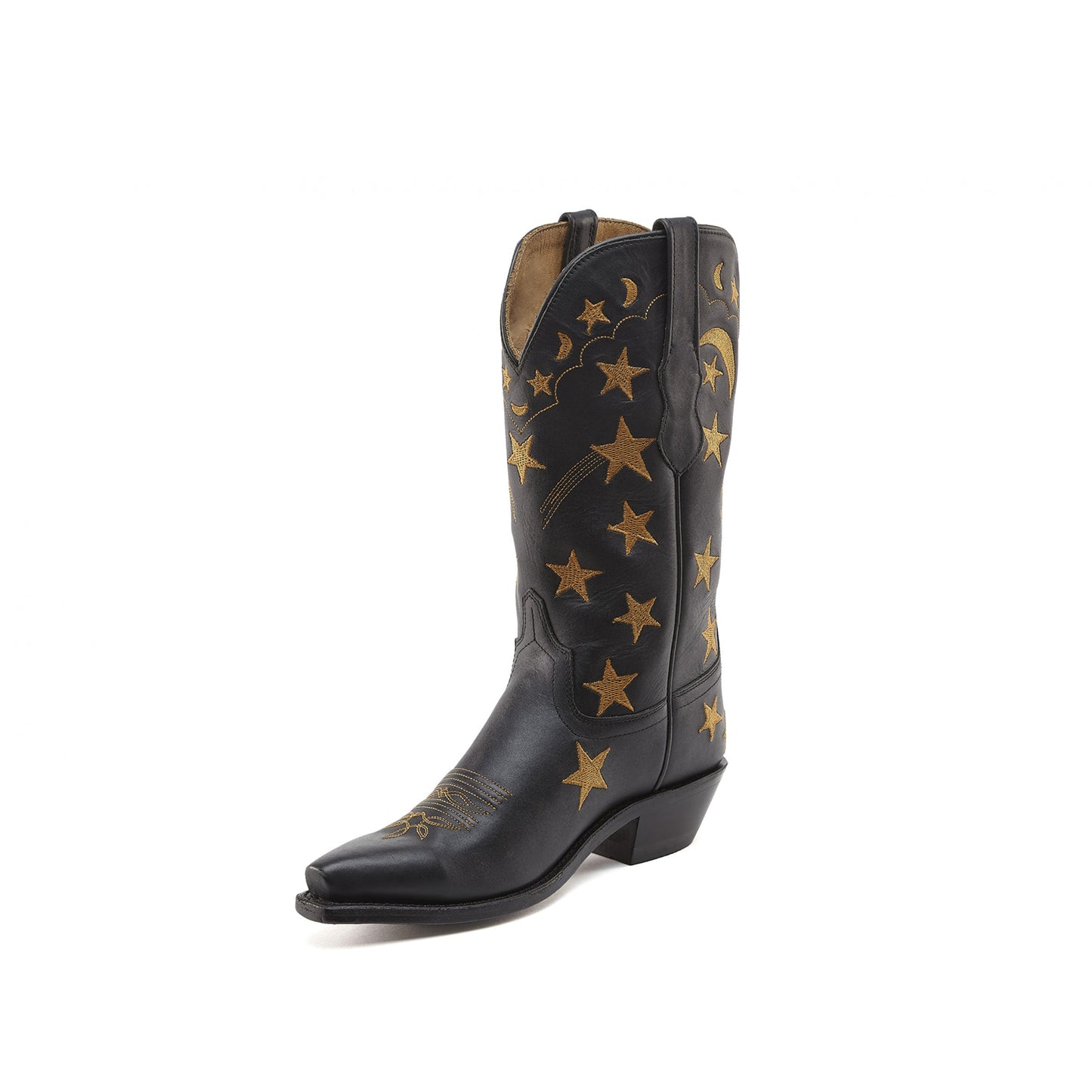Black Snip-Toe Stars And Moons Embroidery Mid Calf Cowgirl Boots