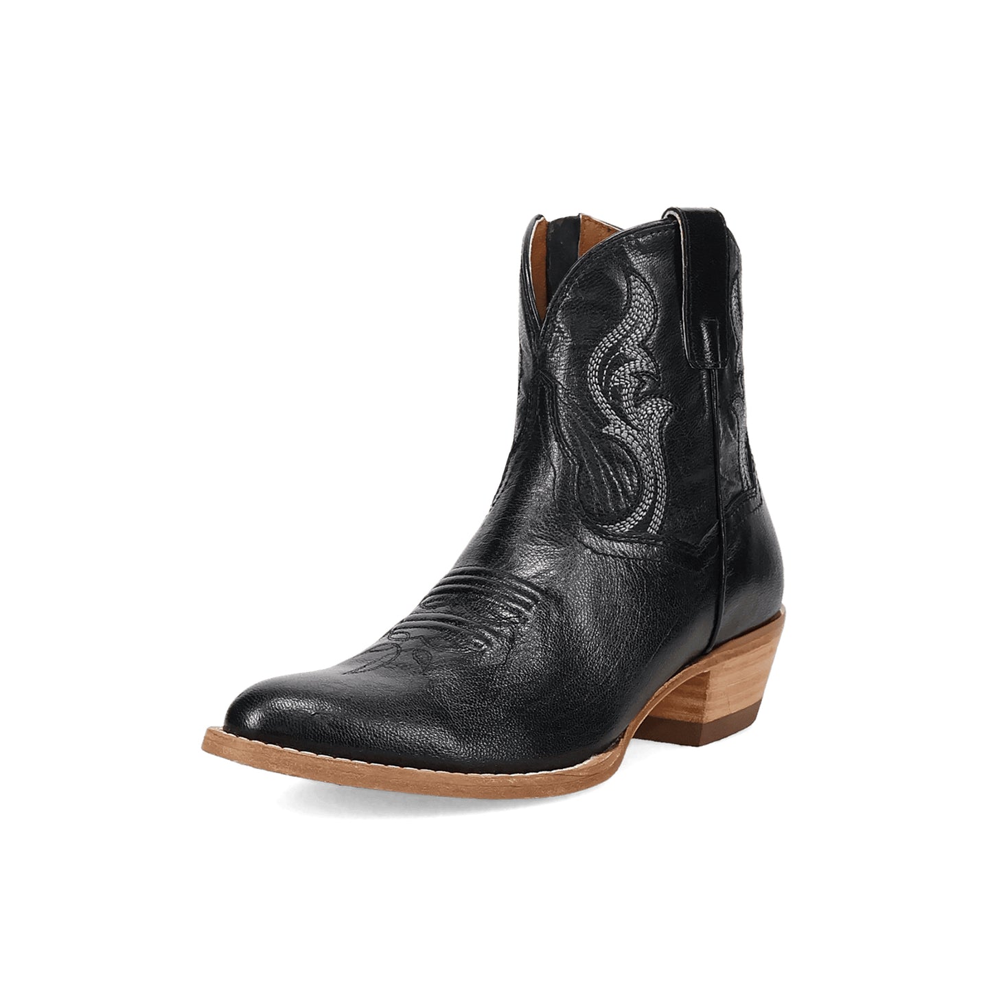 Black Round-Toe Grace Embroidery Full-Zip Ankle Cowgirl Boots