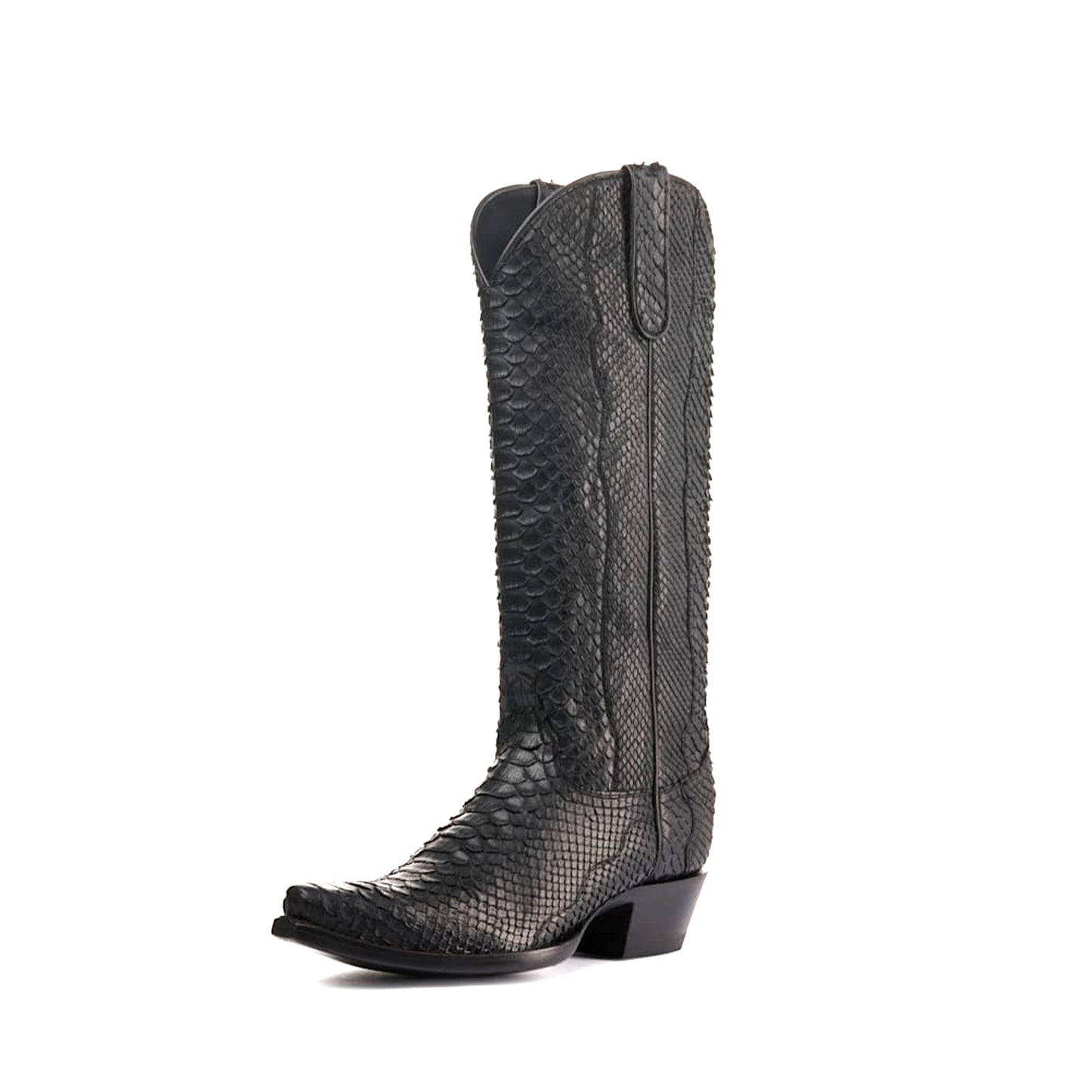 Black Snakeskin Print Snip-Toe Classic Wide Calf Knee High Cowgirl Boots