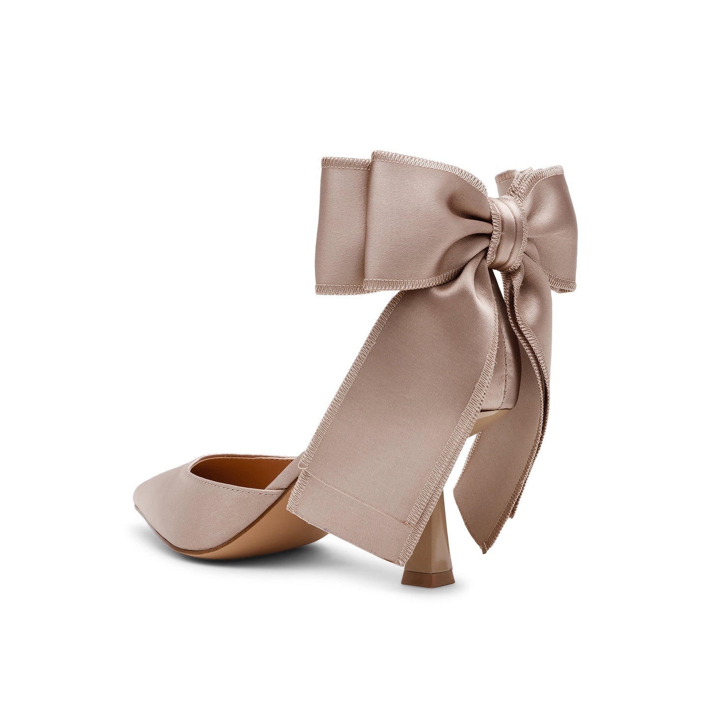 Taupe Satin Pointed-Toe Ankle Strap With Bow Pumps