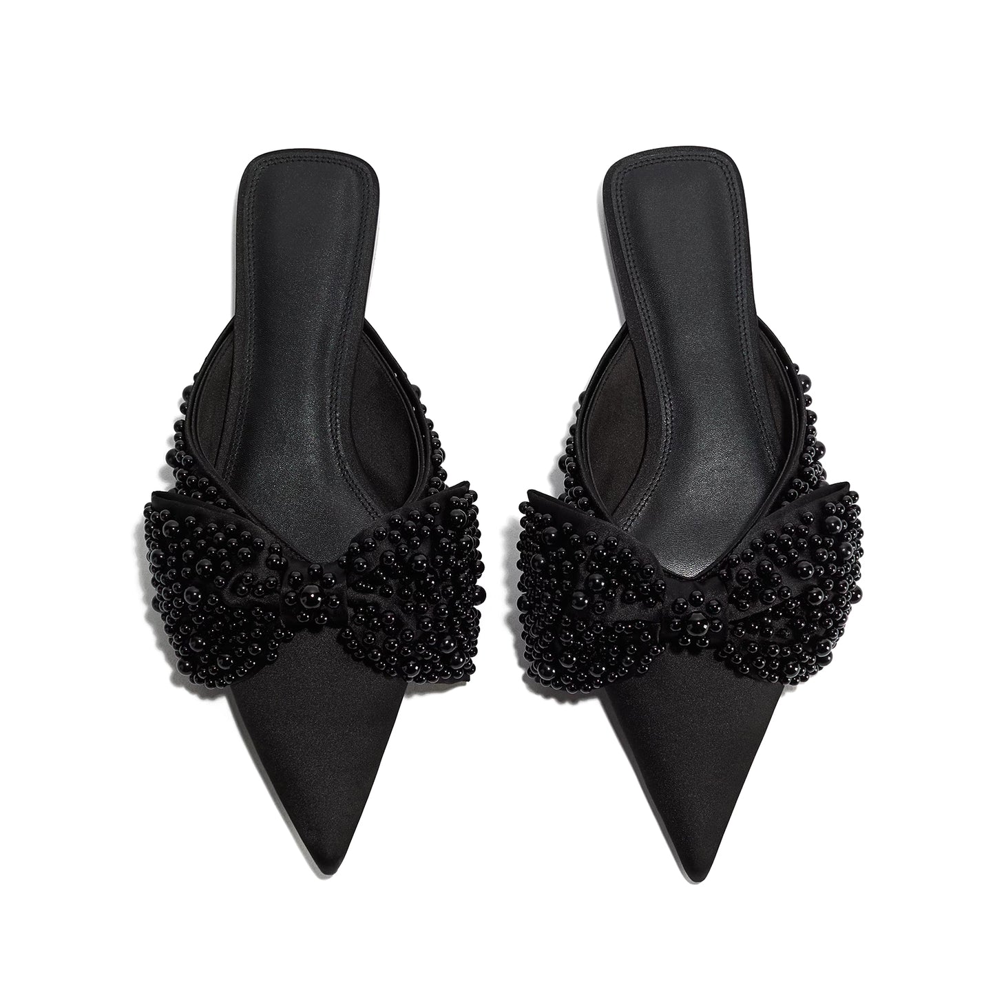 Black Satin Pointed-Toe Front Studded Bow Slip-On Flats