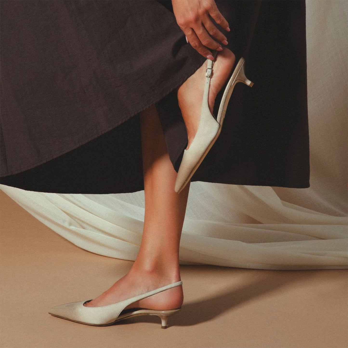 Sand Pointed-Toe Simple Slingback Slip-On Kitten Heels