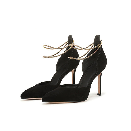 Black Faux Suede Pointed-Toe Double Gold Ankle Chains High Heels