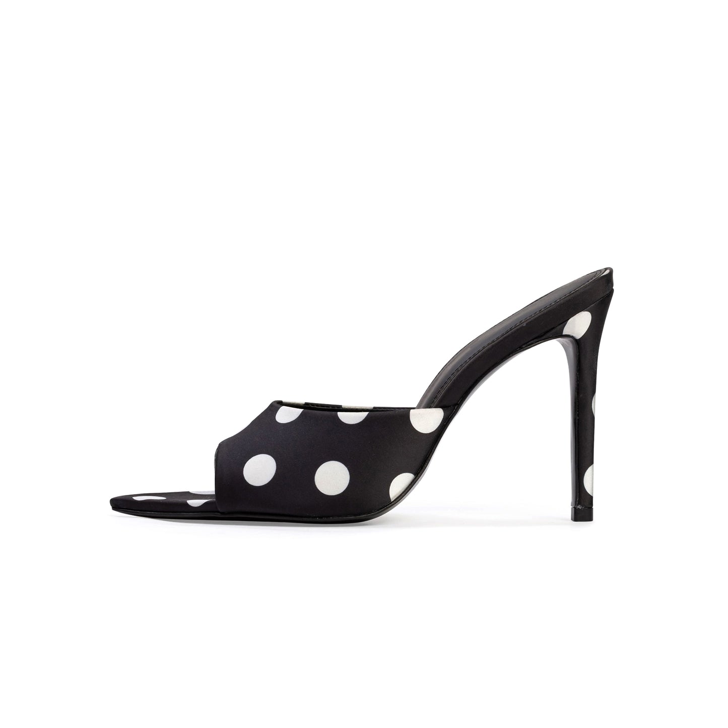 Black Satin Polka Dot Open Pointed-Toe Backless High Heels