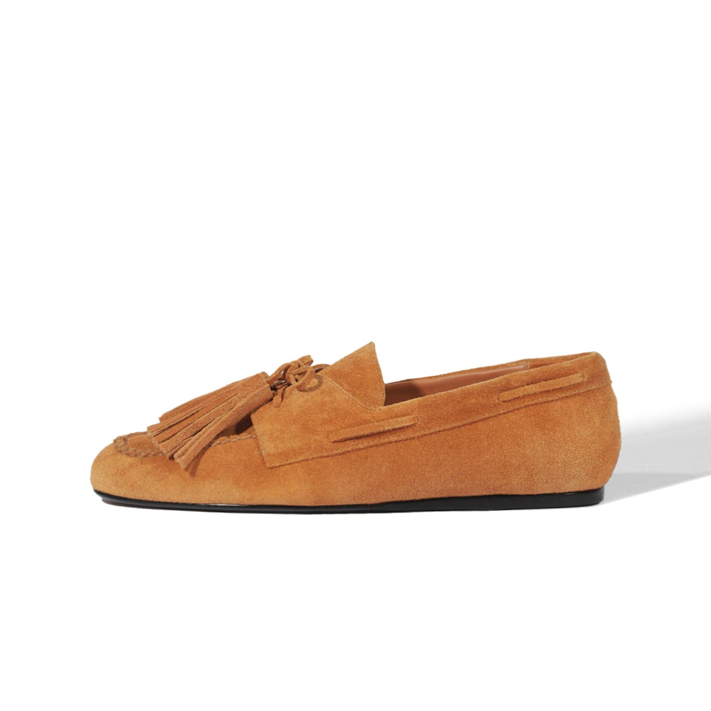 Caramel Faux Suede Square-Toe Front Bow With Fringe Slip-On Flats