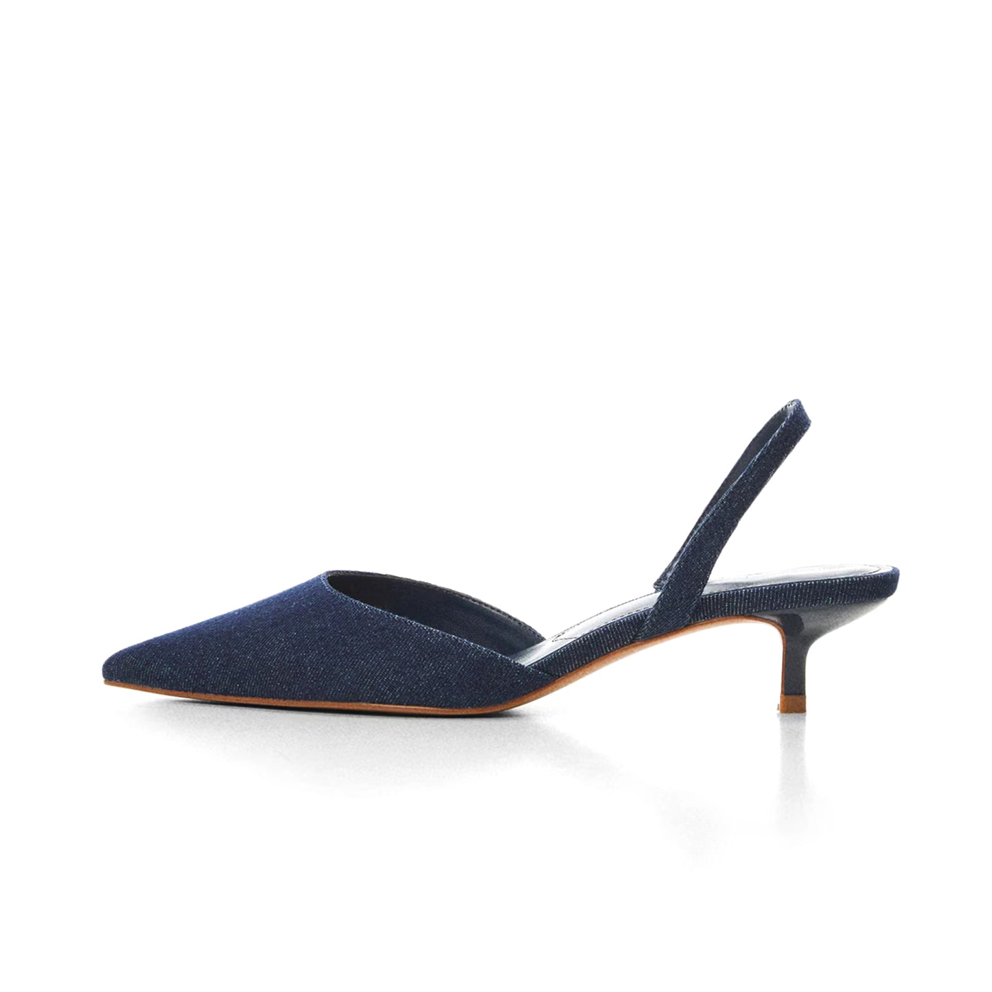 Navy Denim Pointed-Toe Slingback No Fastening Stiletto Kitten Heels