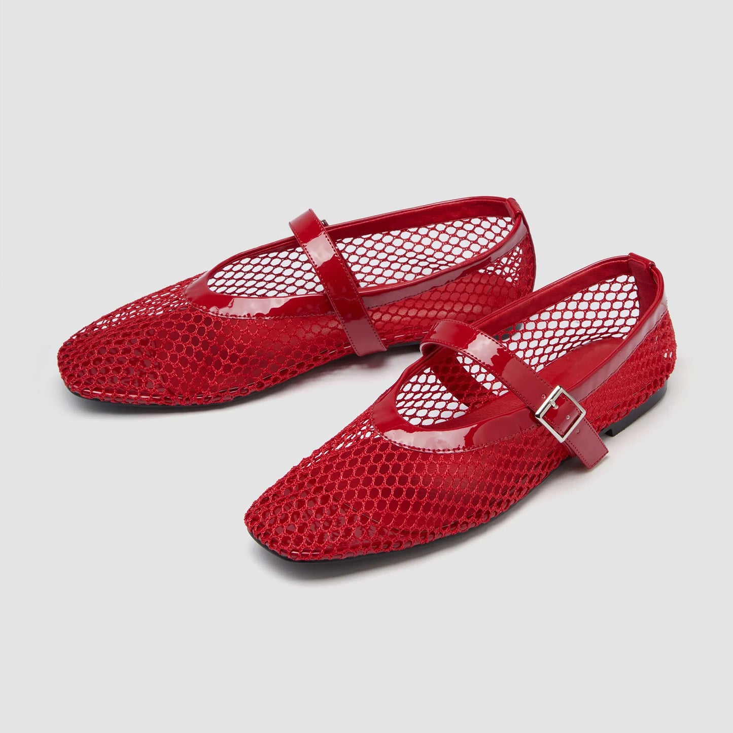 Red Mesh And Patent Leather Square-Toe Mary Jane Ballet Flats