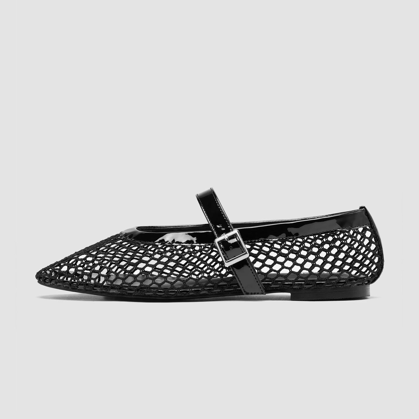 Black Mesh And Patent Leather Square-Toe Mary Jane Ballet Flats