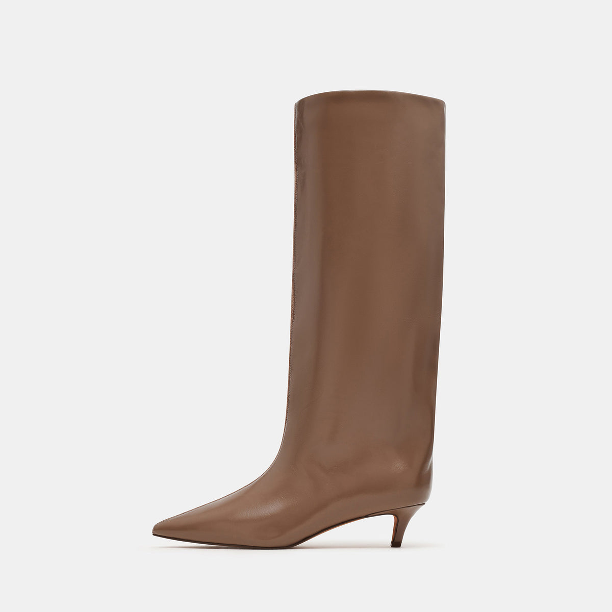 Taupe Faux Suede And Vegan Leather Pointed-Toe Wide Calf Knee High Stiletto Boots