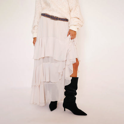 Navy Blue Faux Suede Pointed-Toe Wide Calf Knee High Stiletto Boots