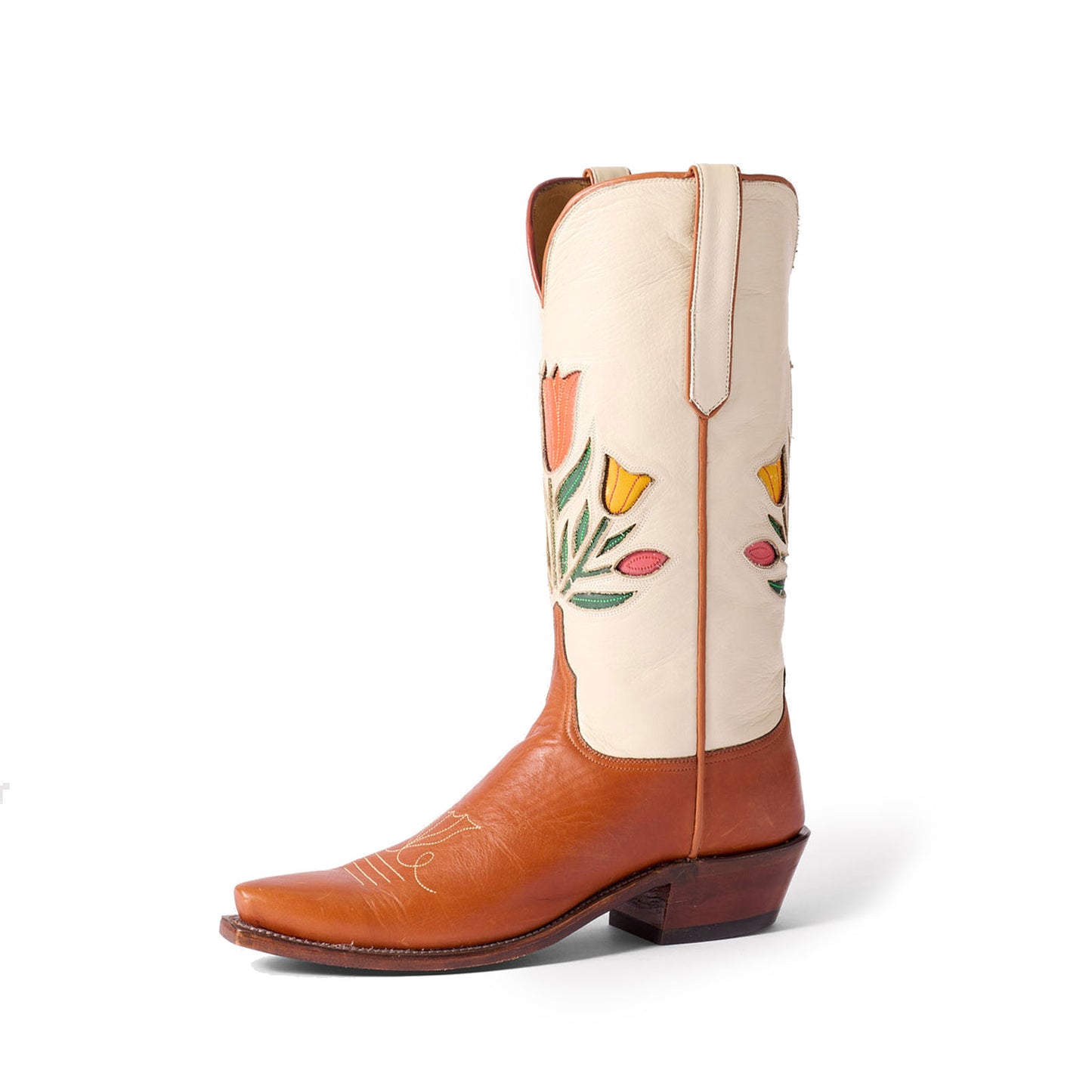 Contrast Cream And Cognac Snip-Toe Colorful Tulips Inlay Mid Calf Cowgirl Boots